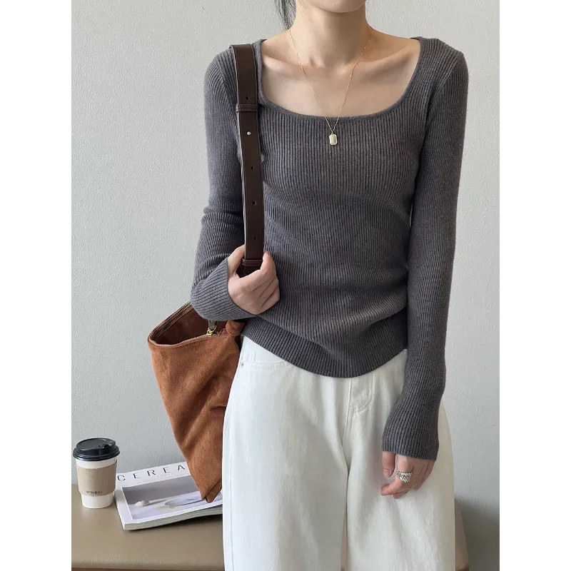 

Square Neck Pit Long-sleeved Knitted Bottoming Shirt Women's Autumn 2024 Elastic Simple Versatile Fashion Warm Wool Top Female