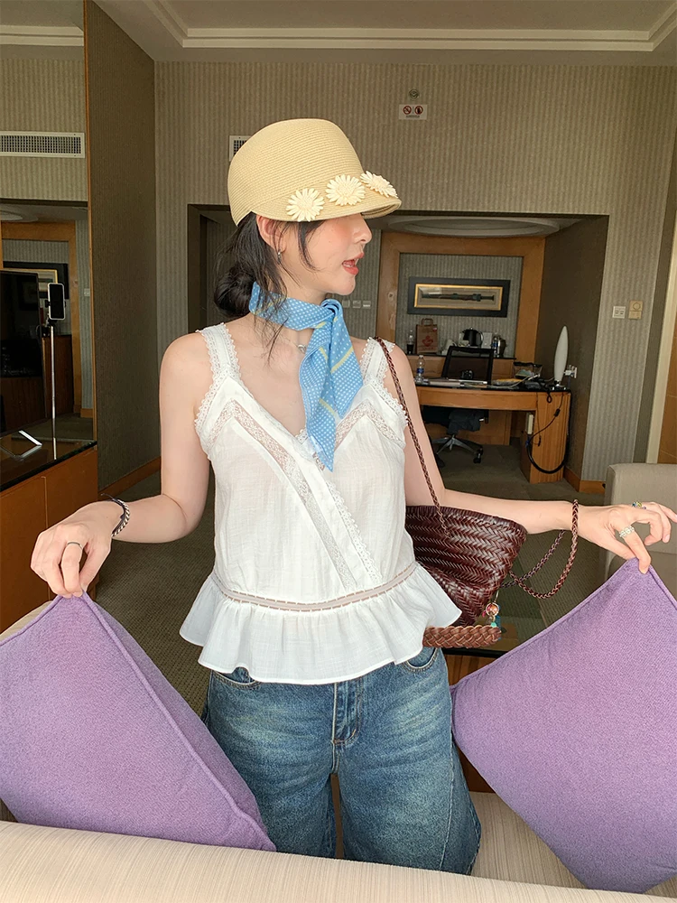 

Женский кружевной топ MOWENTI с V-образным вырезом на бретельках из льна, укороченный, облегающий, для ношения под одеждой, лето 2025