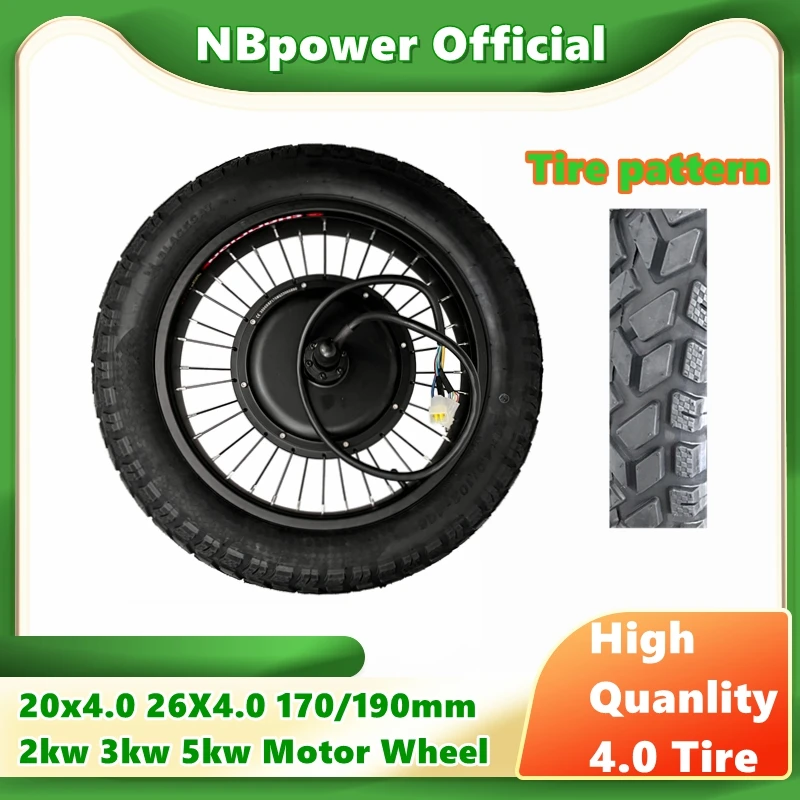 US Stock NBpower 20 x4.0 170mm/190mm 48-72V 2000w 3000w 5000w Fat Bike Brushless Hub Motor wheel con pneumatico forte di alta qualità