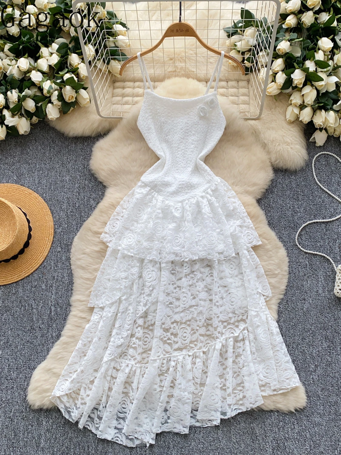 

Gagaok French Style White Dress Irregular Ruffled Lace Patchwork Camisole Dresses Women Slim High Waist Sleeveless Vestidos