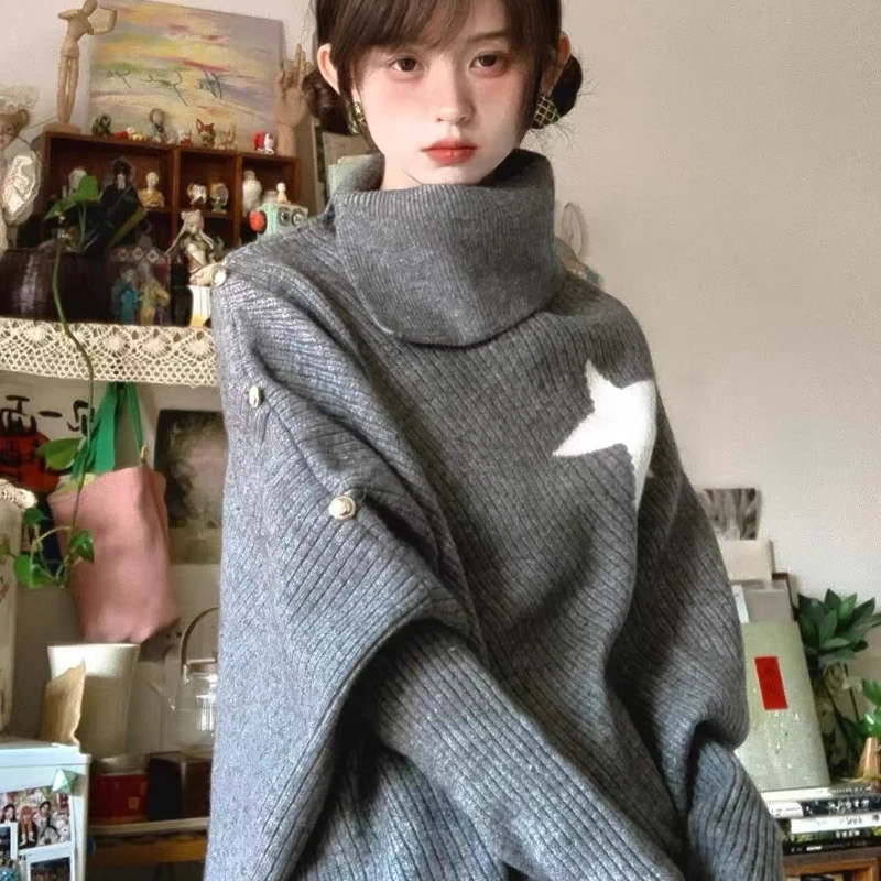 

Deeptown Gray Asymmetrical Star Embroidery Women Sweater Vintage Turtleneck Korean Fashion Knit Pullovers Preppy Oversized Cape