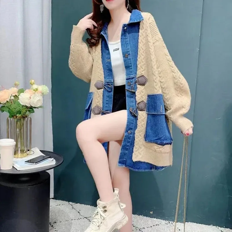 

Women's Denim Stitching Sweater, Knitted Cardigan, Long Sweaters, Warm Coat, Casual Outerwear, Female, Vintage, Autumn, Winter,