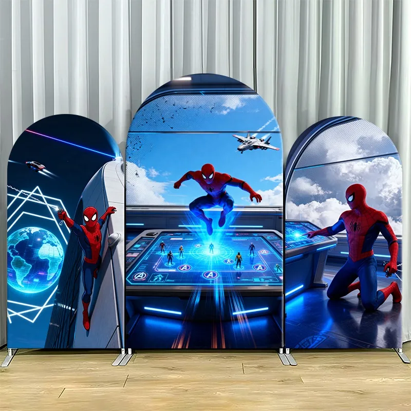 

Arch Backdrop Cover Single Side Spider Man Action Globe Jet Control Panel Vibrant Party Decoration Photo Booth Background Props