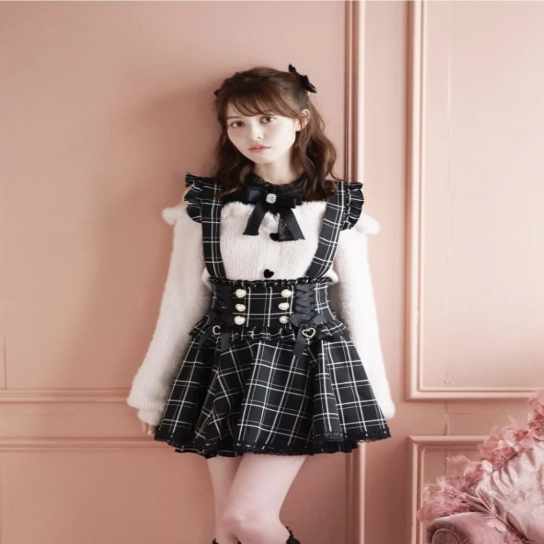 

Japanese Style Ribbon Bow Diamond Pearl Buckle Removable Short Suspender Skirt Girls Sweet Cute A-line Mini Skirt Lolita Skirts