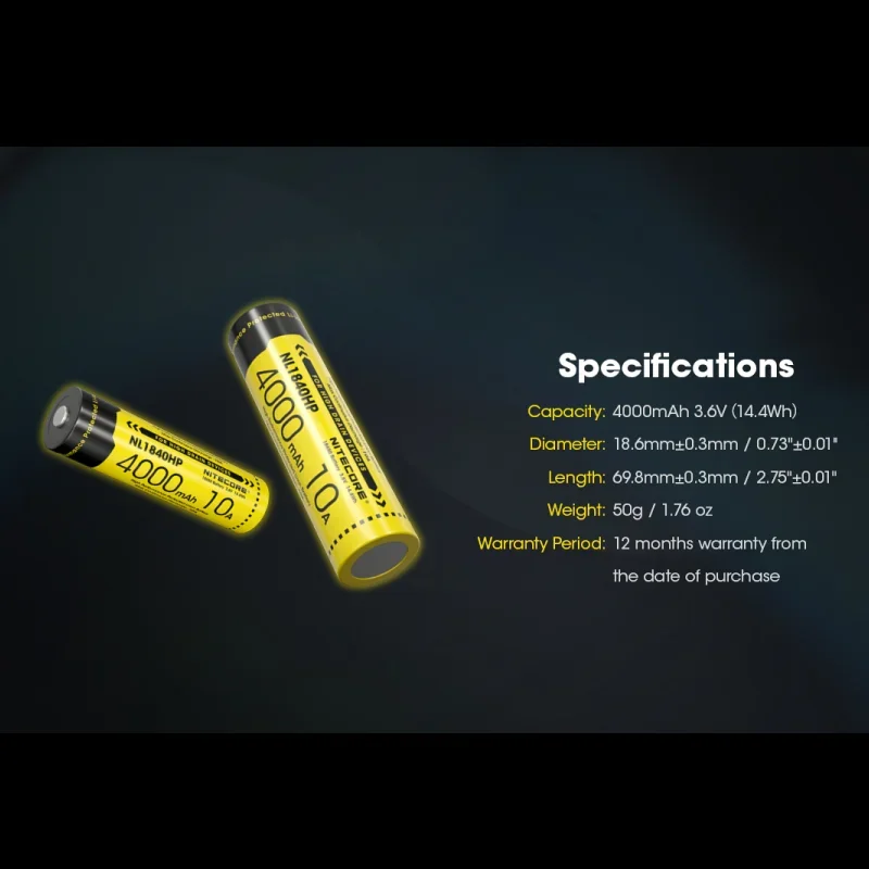 Nitecore NL1840HP rechargeable battery 18650 3.6V Li-ion 4000mAh Output 10A