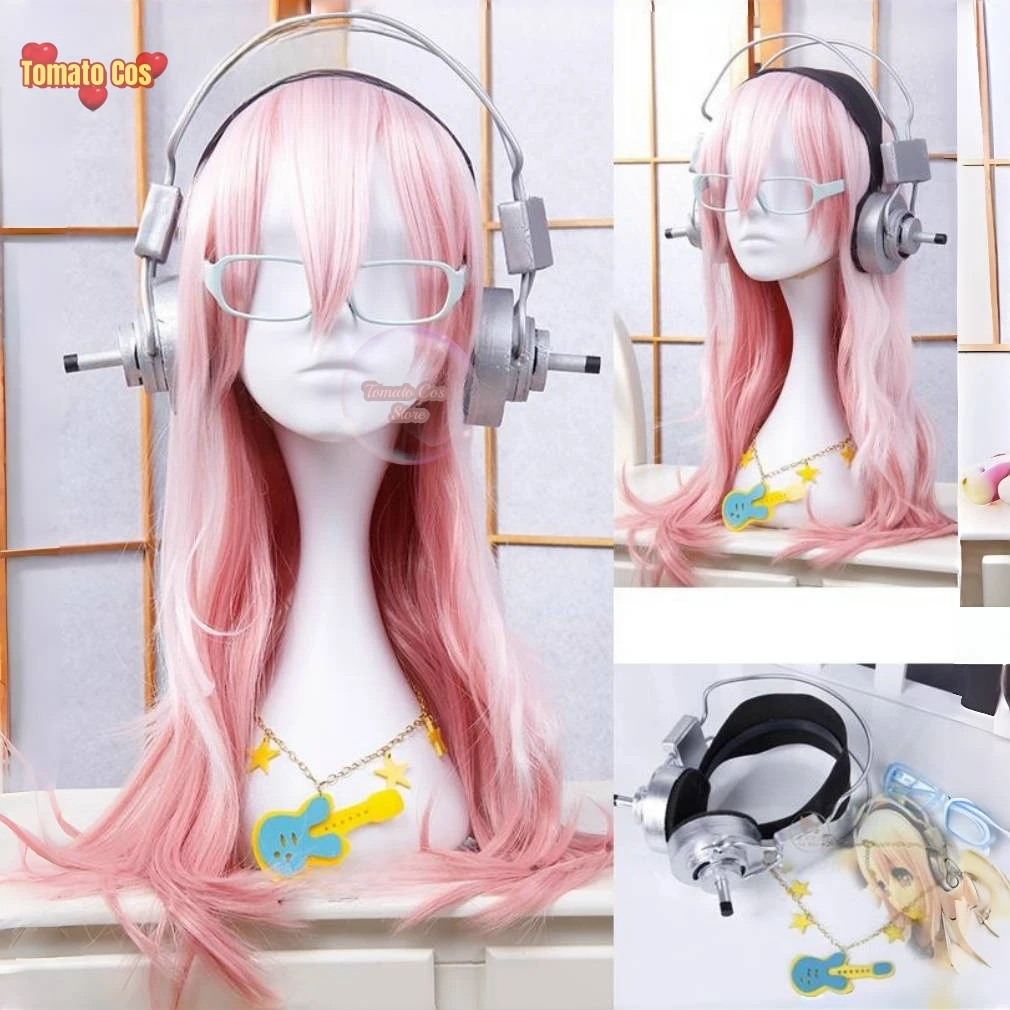 Supersonico Super Sonico 60cm Long Pink Ombre Hair With Headphone Prop Heat Resistant Cosplay Costume Wig + Toy headset