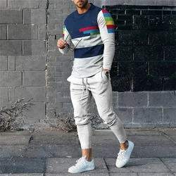 3D Print Stripe Long Sleeve Man’s Suit T-Shirt 2 Piece Set Streetwear Casual Tracksuit Male Oversized Tops Basketball Sweatpant