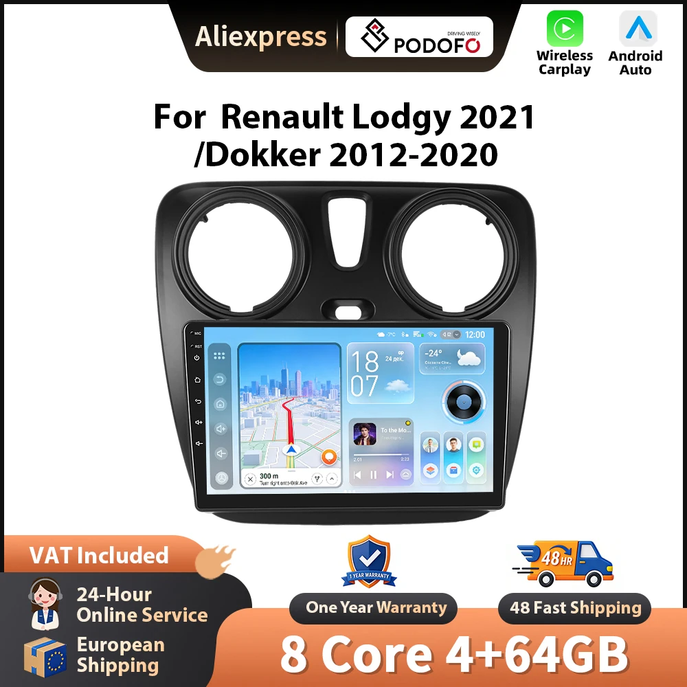 Podofo Android Autoradio für Renault Lodgy 2021/Dokker 2012-2020 Wireless CarPlay GPS WIFI FM/RDS Head Unit 2din BT Auto Stereoanlage