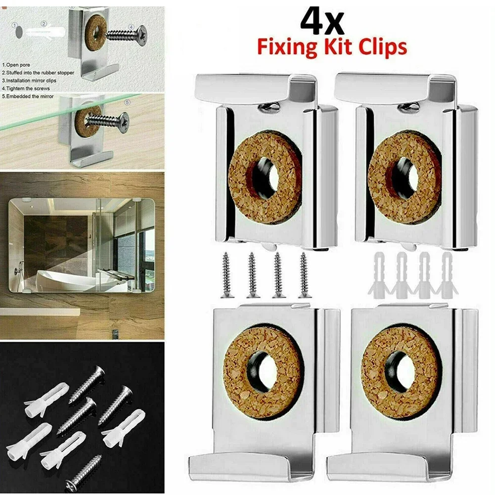 4pcs Chrome Mirror Wall Hanging Fixing Kit Frameless Clips Mounting Hanger-Clamp Hang Pictures Paintings Plaques Photos Glass