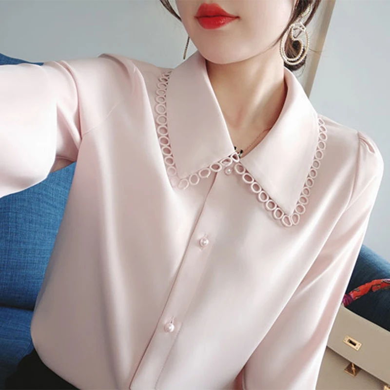 2022 Spring Elegant Ring Patchwork White Chiffon Blouses Wweet Korean Office Female Long Sleeve Pearl Button Up Women Top Shirts