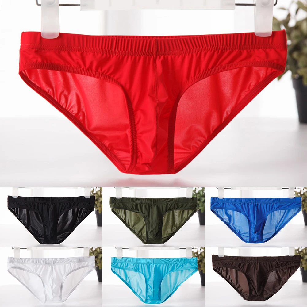 Mens Ultra-thin Briefs Sexy Wet Look Seductive Panties Transparent Ice Silk Underwear Tanga Low-waist U Convex Bikini Slip Homme