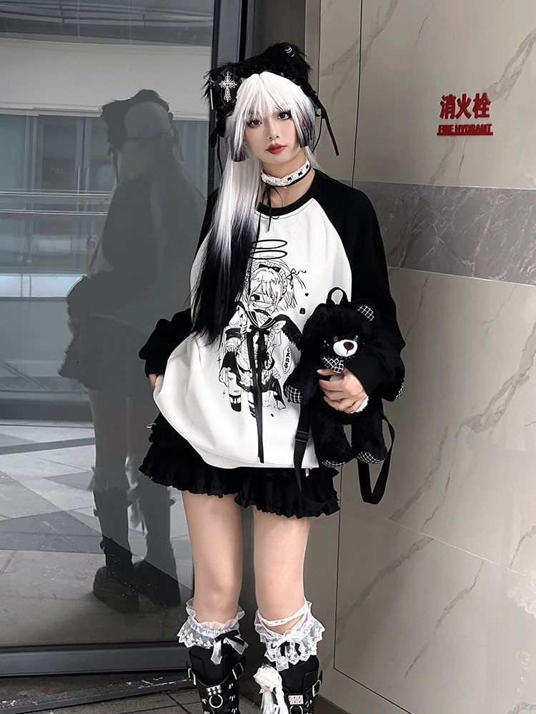 Japanese Subculture Animation Girl Print Shirt Tops Long Sleeve Round Neck Lace-up Bow Loose Casual Versatile Sweatshirts Women