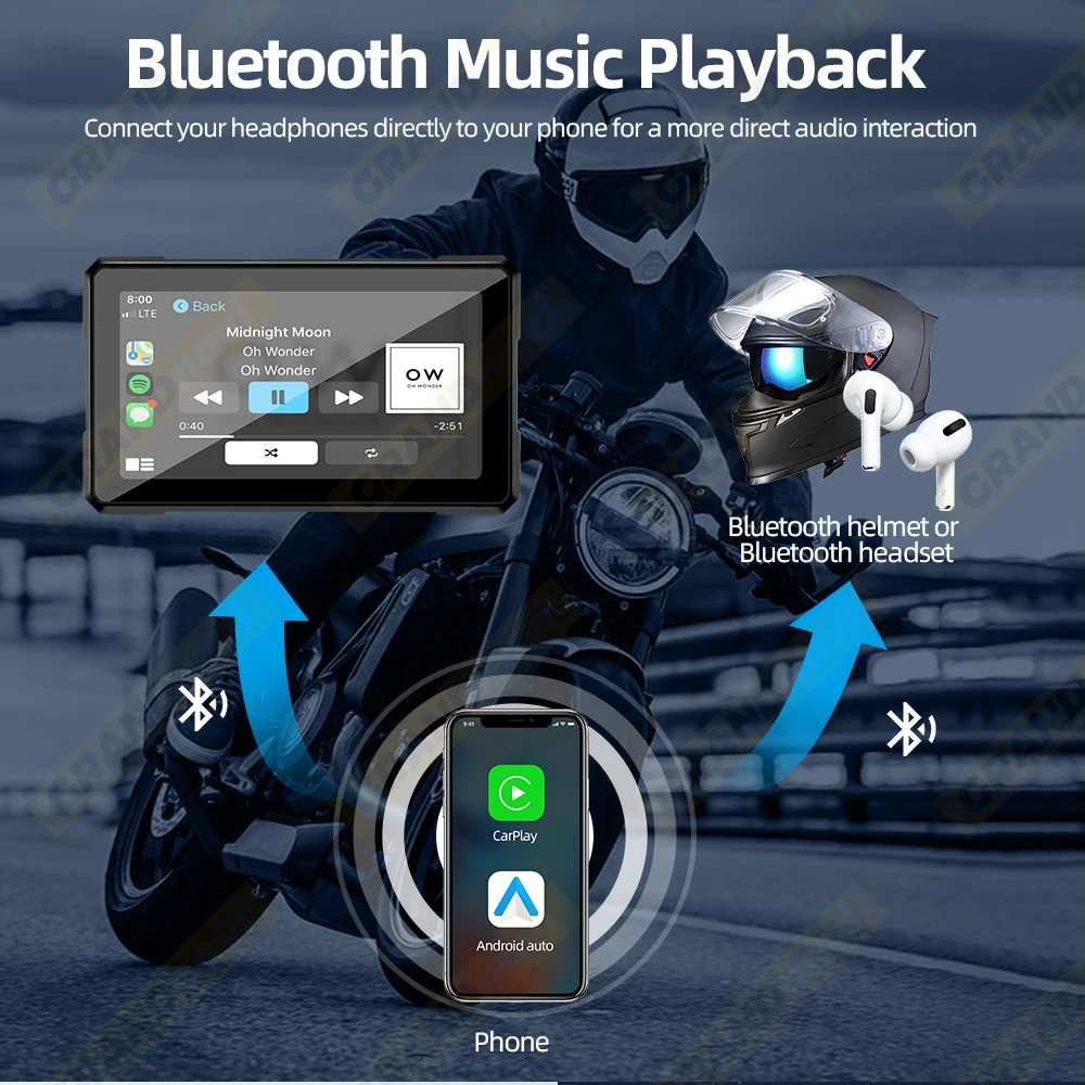 5 인치 GPS 네비게이션 오토바이 무선 Carplay 안드로이드 자동 IP67 방수 휴대용 전체 화면 블루투스 모토 오토바이