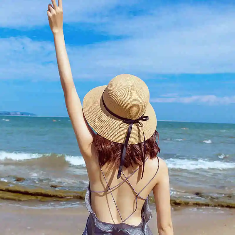Classic Wide Brim Straw Hat - Lightweight Foldable Sun Hat with Ribbon for Beach, Summer & Outdoor Unisex Accessory