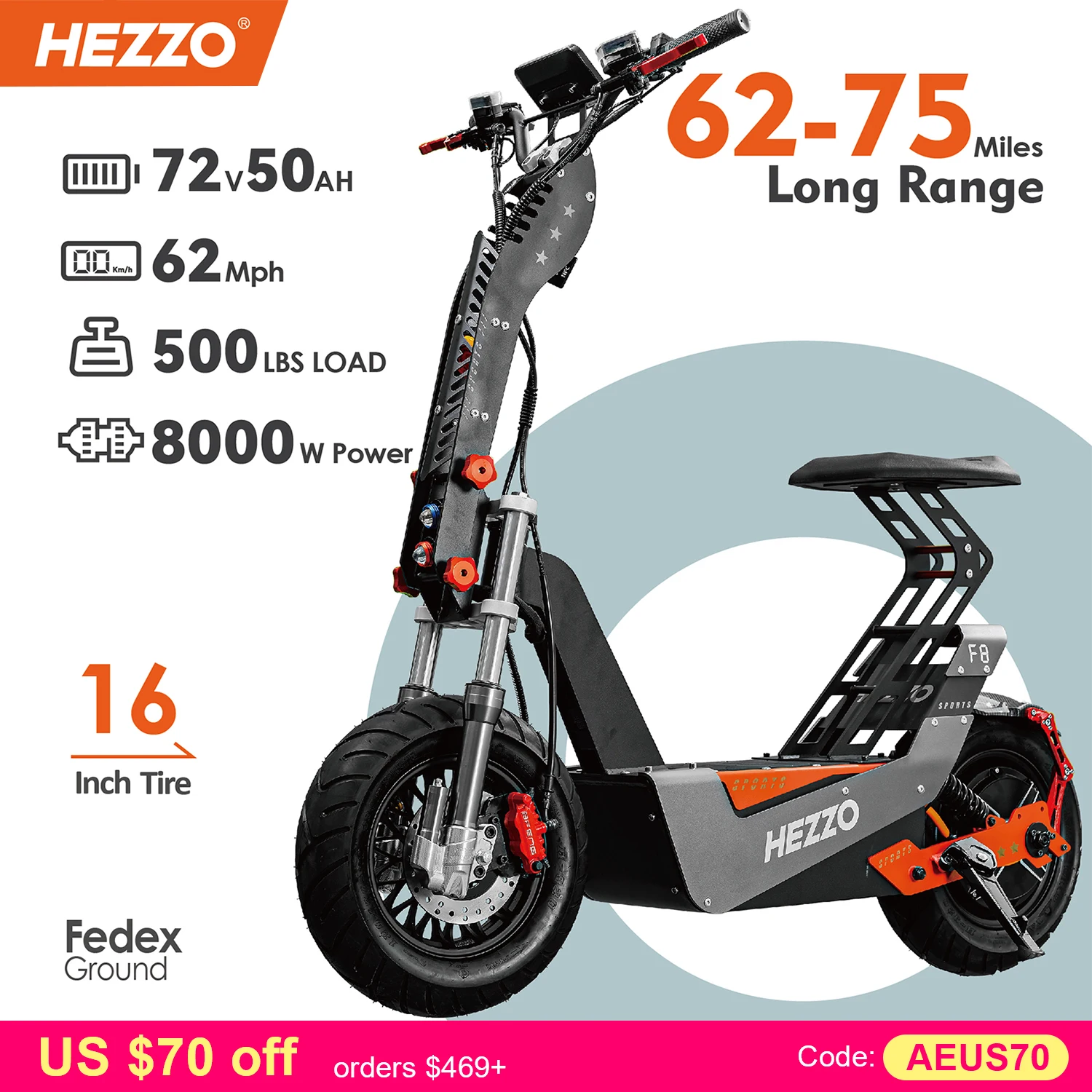 HEZZO F8 Electric Scooter 72v 8000W 100Km/h 50Ah Long Range Off Road Escooter 16Inch Foldable Motorbike With Seat US Warehouse