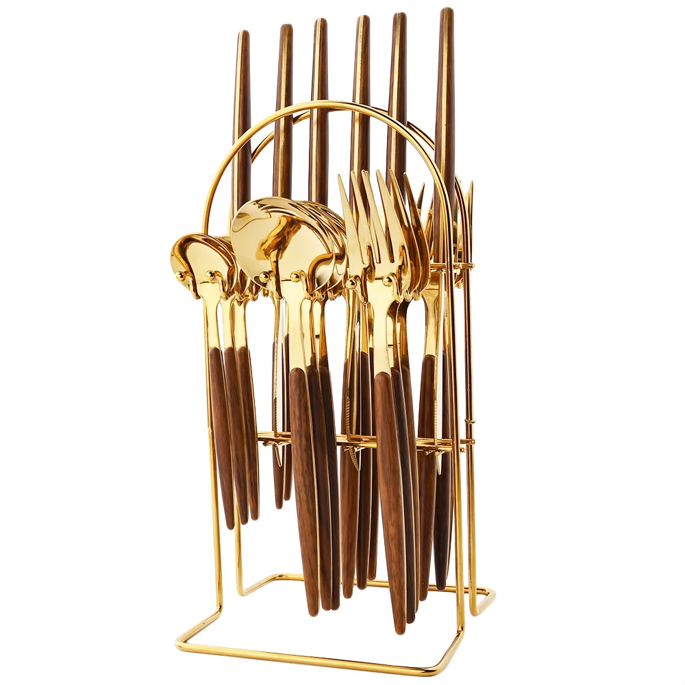 

24pcs Gold Luxury Dinnerware Set Stainless Steel Tableware Knife Fork Spoon Flatware Set Ceramic Wood Handle Kitchen Cutlery Set