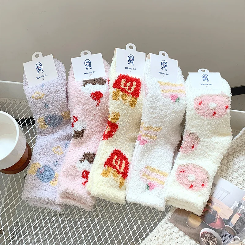 

Women's Socks Cartoon Cake Sweet Kawaii Cute Verstaile Mid Tube Socks Thickened Warm Soft High Quality Coral Fleece Floor Socks