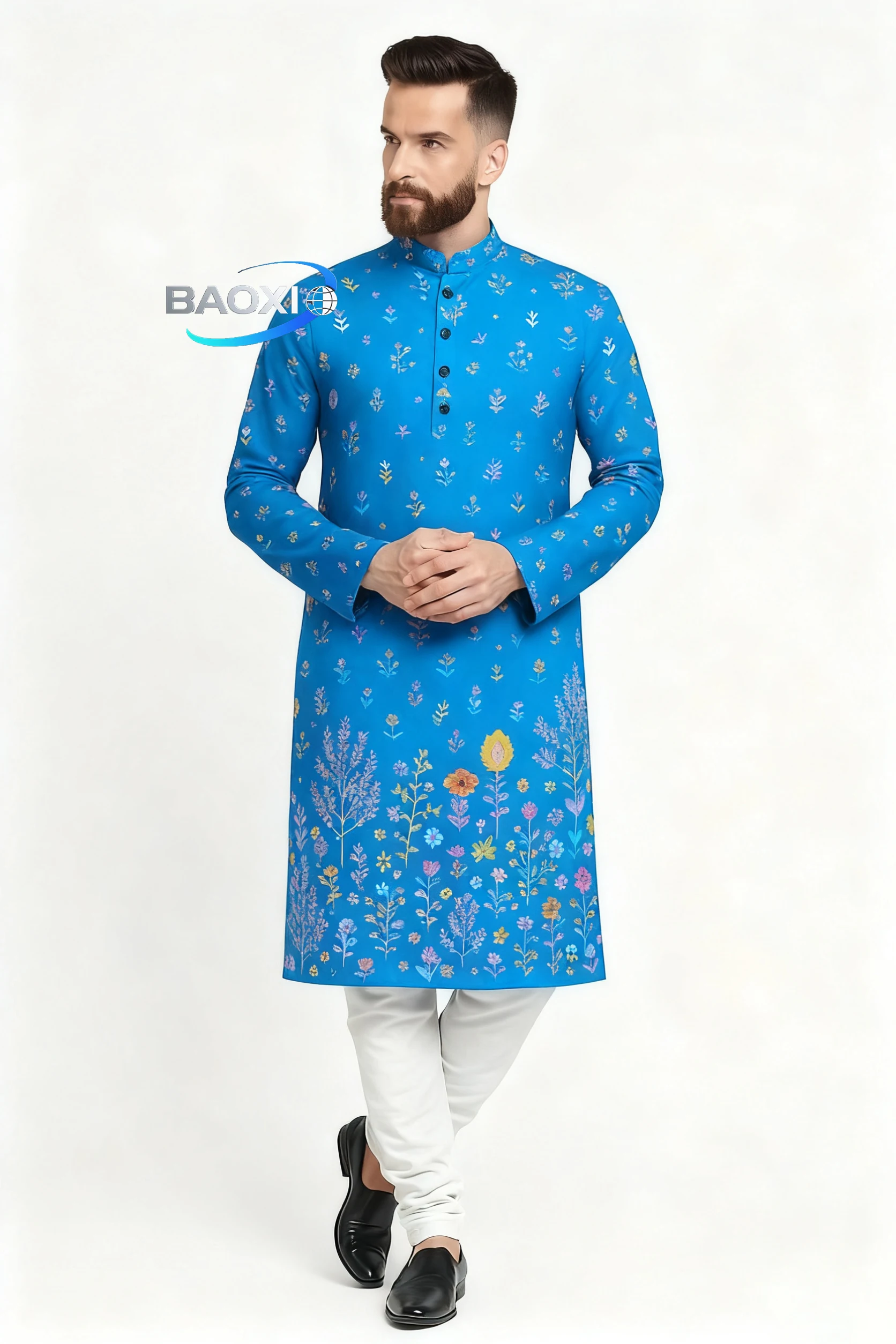 Abito lungo da uomo con colletto alla coreana stampato Kurta Elizha del 2025 adatto a tutte le occasioni, come luogo di nozze di fascia alta