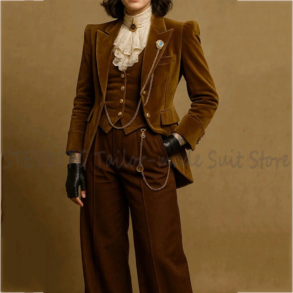 

Brown Velvet Women's Suit High Quality Slim Fit 3 Piece Peak Lapel Single Button Classic Elegant Lady Outfit Office Wear