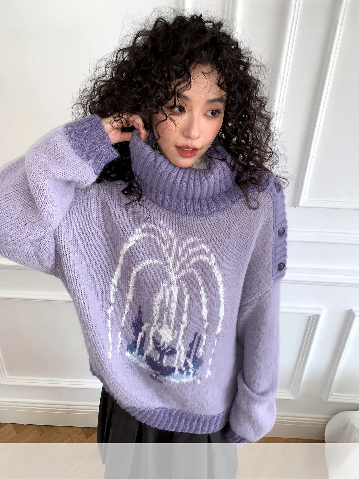 

Chtry Girl Wi Pond Fountain Pattern Knitted Sweater Women's Purple Autumn Winter Top High Collar Overhead Knitwear