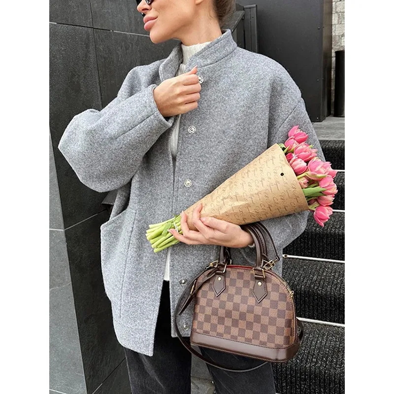 

Krisnanas Grey Winter Warm Jackets Womens 2025 New Loose Stand Neck Long Sleeve Single Breasted Pockets Outercoat Woman 132269