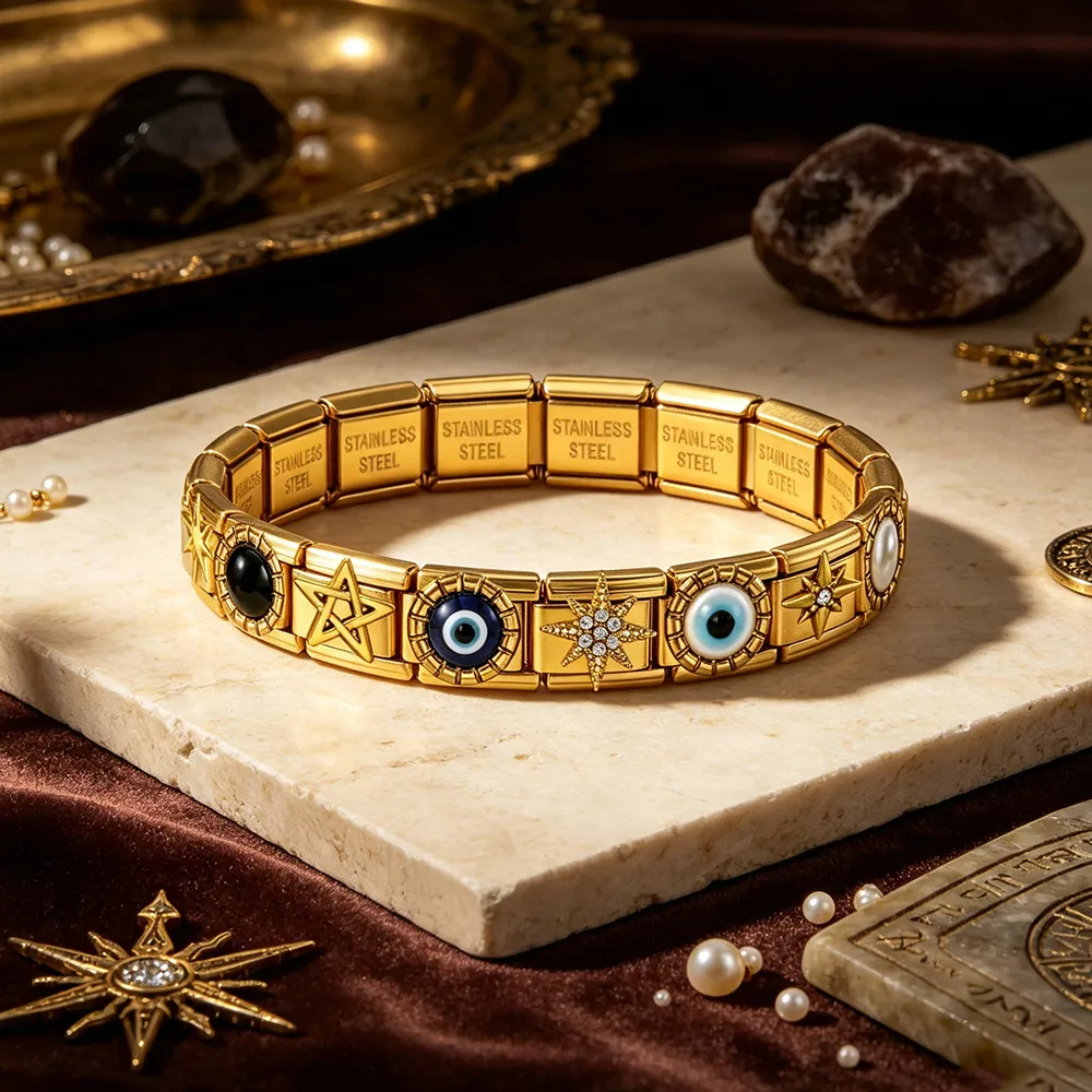 Goldfarbenes Böses-Auge-Stern-Kreuz-Italienisches-Charm-Armband, 9mm Edelstahl DIY-Schmuckzubehör für Damen und Herren, Mode – Detail 4