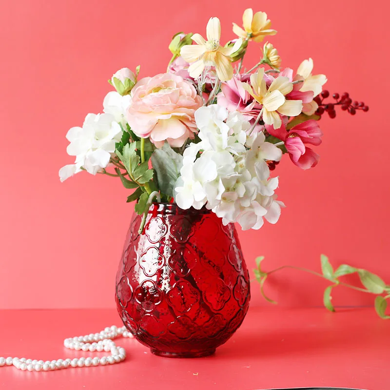 Retro Glass Vase for Flower Arrangement, Hydroponic Planter, Bright Red, Wedding, Home Decoration, Bathroom Accessories