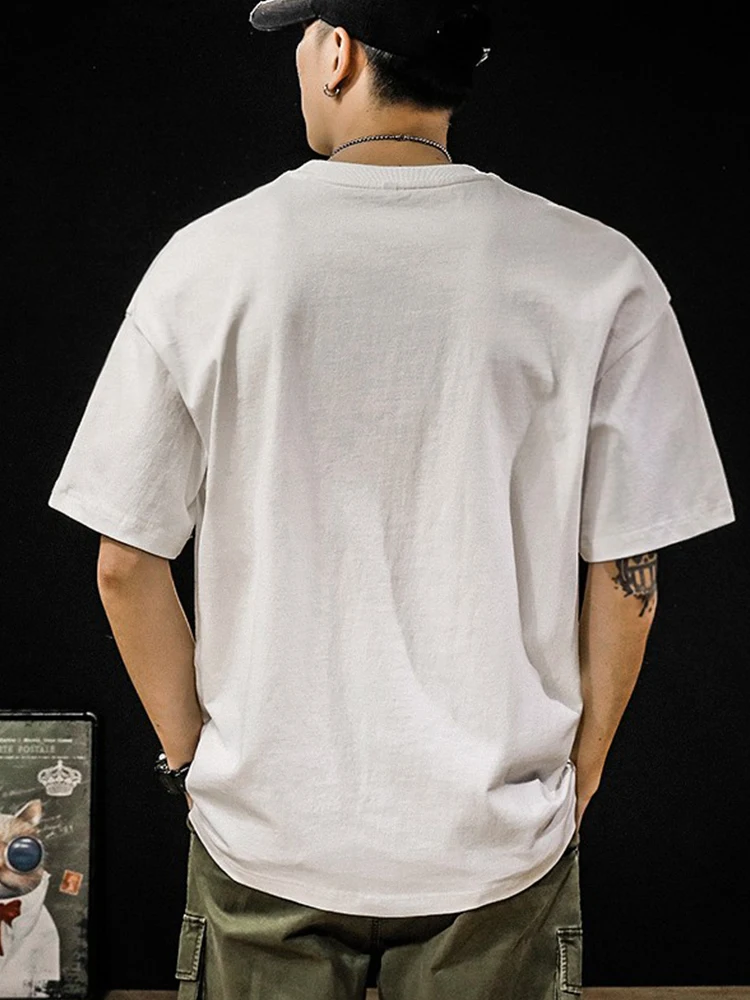 เสื้อยืดผ้าฝ้ายแท้หนานุ่มสำหรับฤดูร้อน แบรนด์แฟชั่นผู้ชาย ทรงหลวม ไซส์ใหญ่ สไตล์อเมริกันเรโทร คอกลม