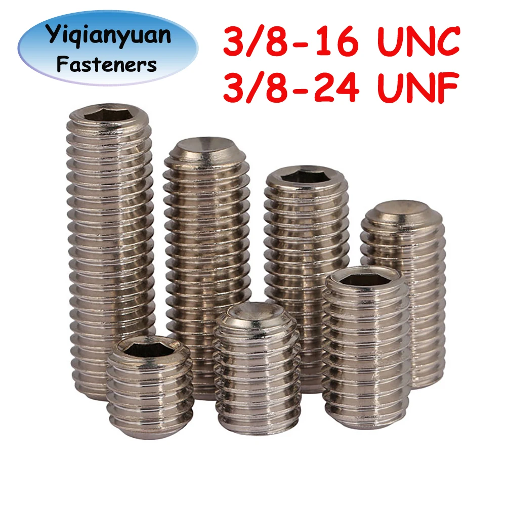 

Yiqianyuan 3/8-16 UNC 3/8-24 UNF DIN916 SUS304 Stainless Steel Hexagon Socket Set Screws with Cup Point Headless Allen Grub Bolt
