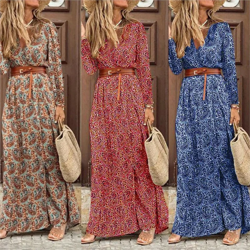 Bohemian autumn/winter floral dress 2024 women's spliced long sleeved V-neck smoked commuter pullover robe dress for women