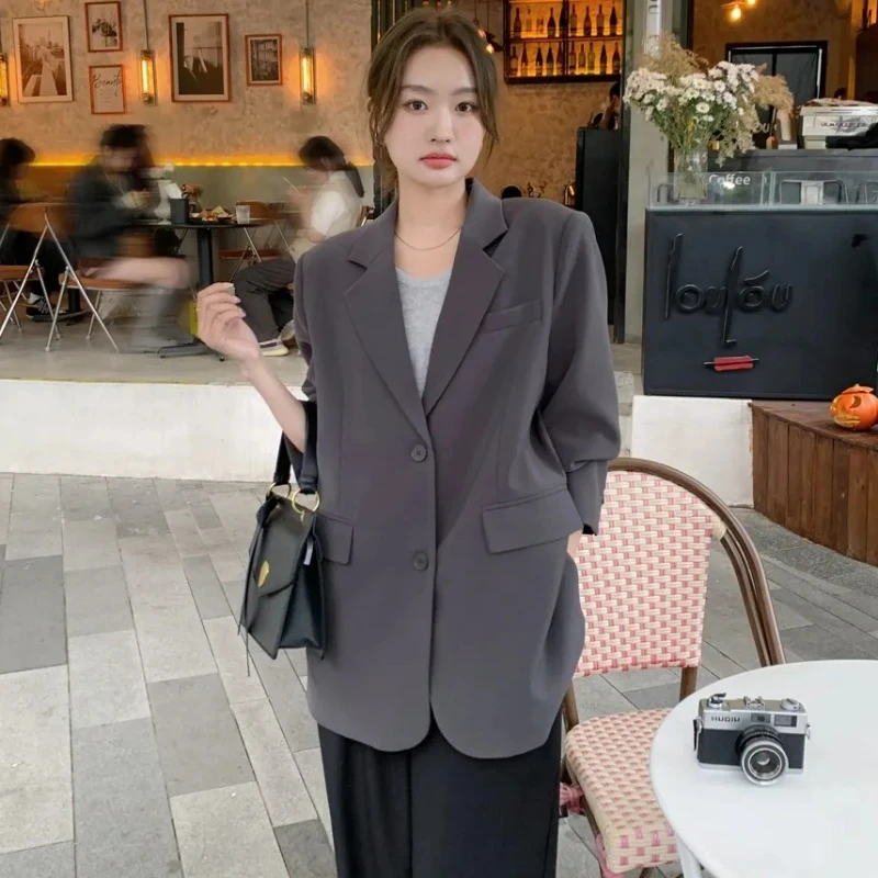 High-end Gray Blazer Spring Autumn Women\'s Korean Style Loose Outwear Design Sense Niche Outcoat Niche Back Slit Suit Jacket