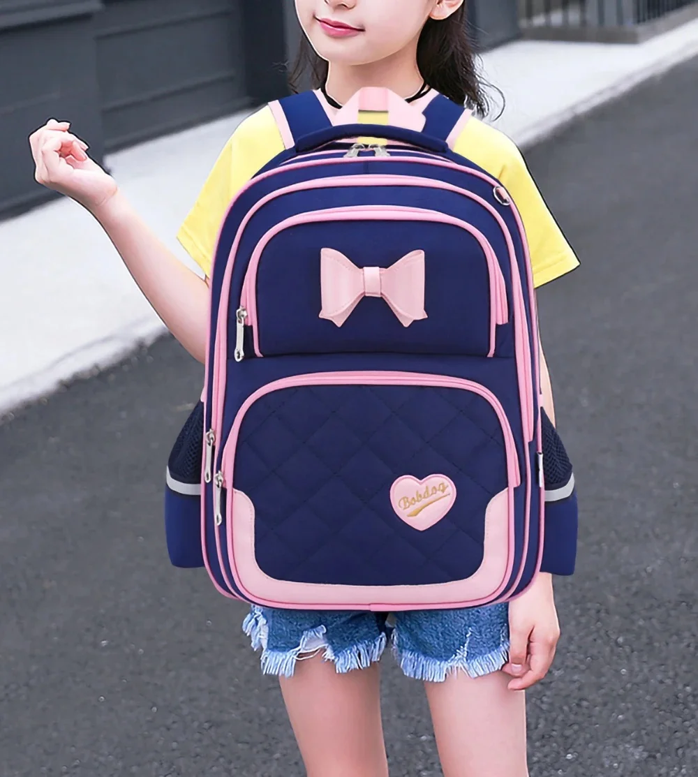 Cute Bow Heart Decor Backpack, Quilted Multi-Pocket Lightweight Travel Daypack