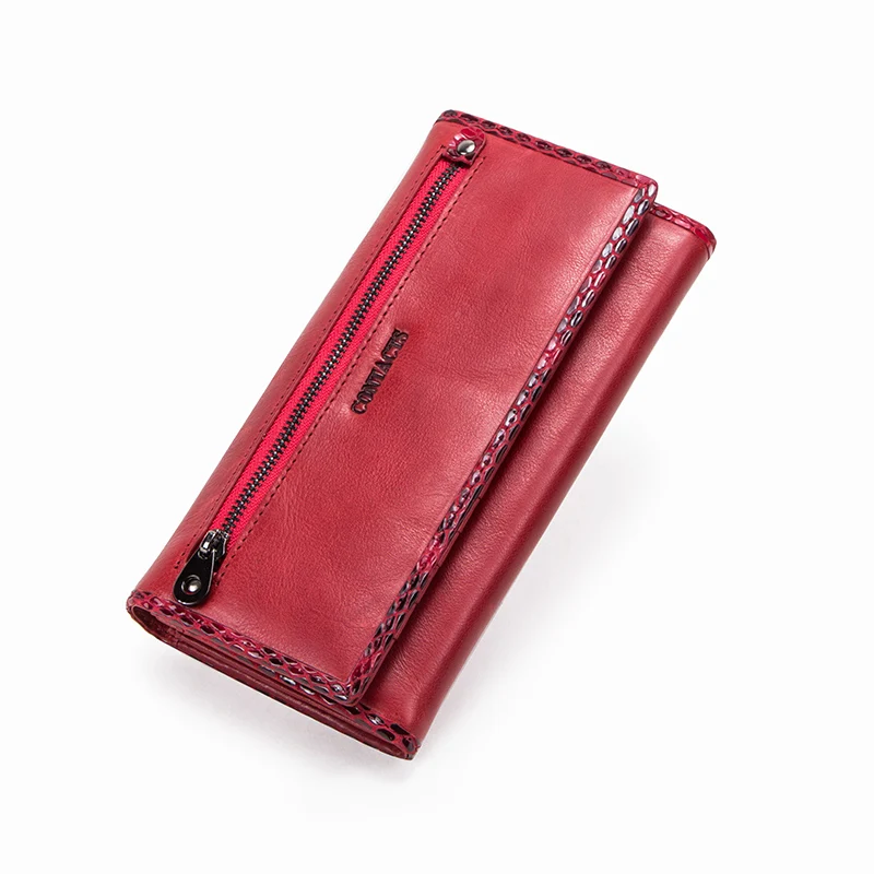 

Contact'S Genuine Leather Women Long Wallet Large Capacity RFID Clutch Wallets Red Ladies Purses Coin Pocket Card Holder