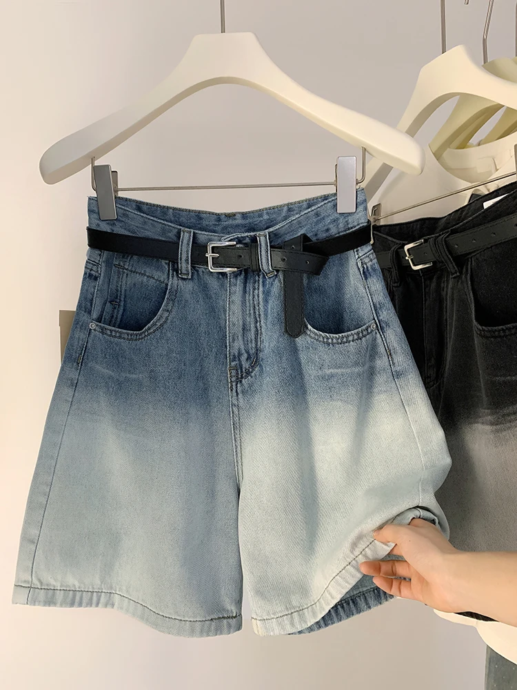 

Retro Gradient Color Five Point Jeans For Women 2024 New Chic High Waisted Straight Denim Shorts Summer Korean Blue Half Pants