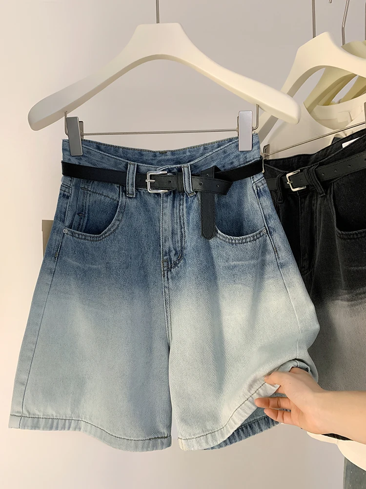 Retro Gradient Color Five Point Jeans For Women 2024 New Chic High Waisted Straight Denim Shorts Summer Korean Blue Half Pants