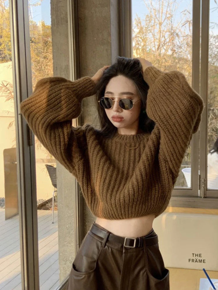 

Vintage Cropped Knit Sweater Women Solid Long Sleeve O Neck Loose Casual Pullovers Female Simple All Match Aesthetic New Jumpers
