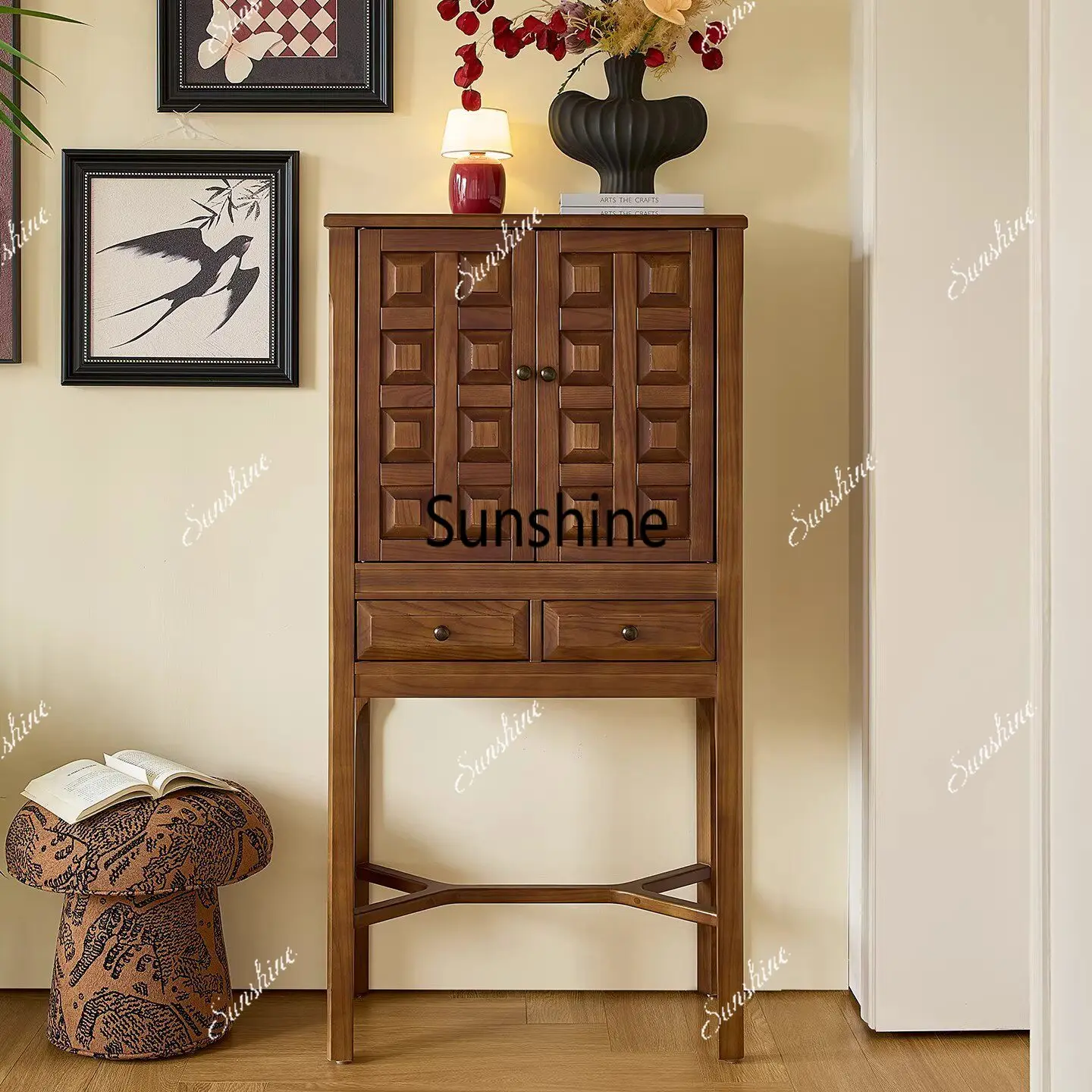 

French medieval solid wood display cabinet living room storage chest cabinet