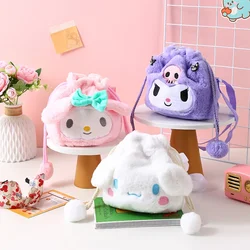 Sanrio Plush Shoulder Bag Cartoon Anime Kuromi Portable Drawstring Bag Cinnamoroll Plushies Toy My Melody Diagonal Package Gift