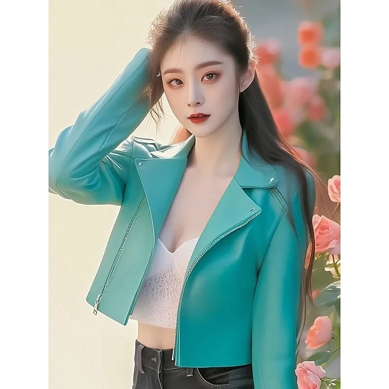 2025 جديد شيك سترة جلدية ربيع الخريف المرأة معطف قصير موضة سليم كم طويل الحلو موتور سيارة سترات من الجلد