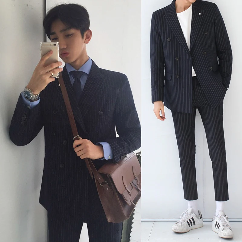 

Casual Slim Fit Men's Cheered Double Breasted Briti Sle Jaet Trendy Autumn Season Two Button Single Row Youth ular...