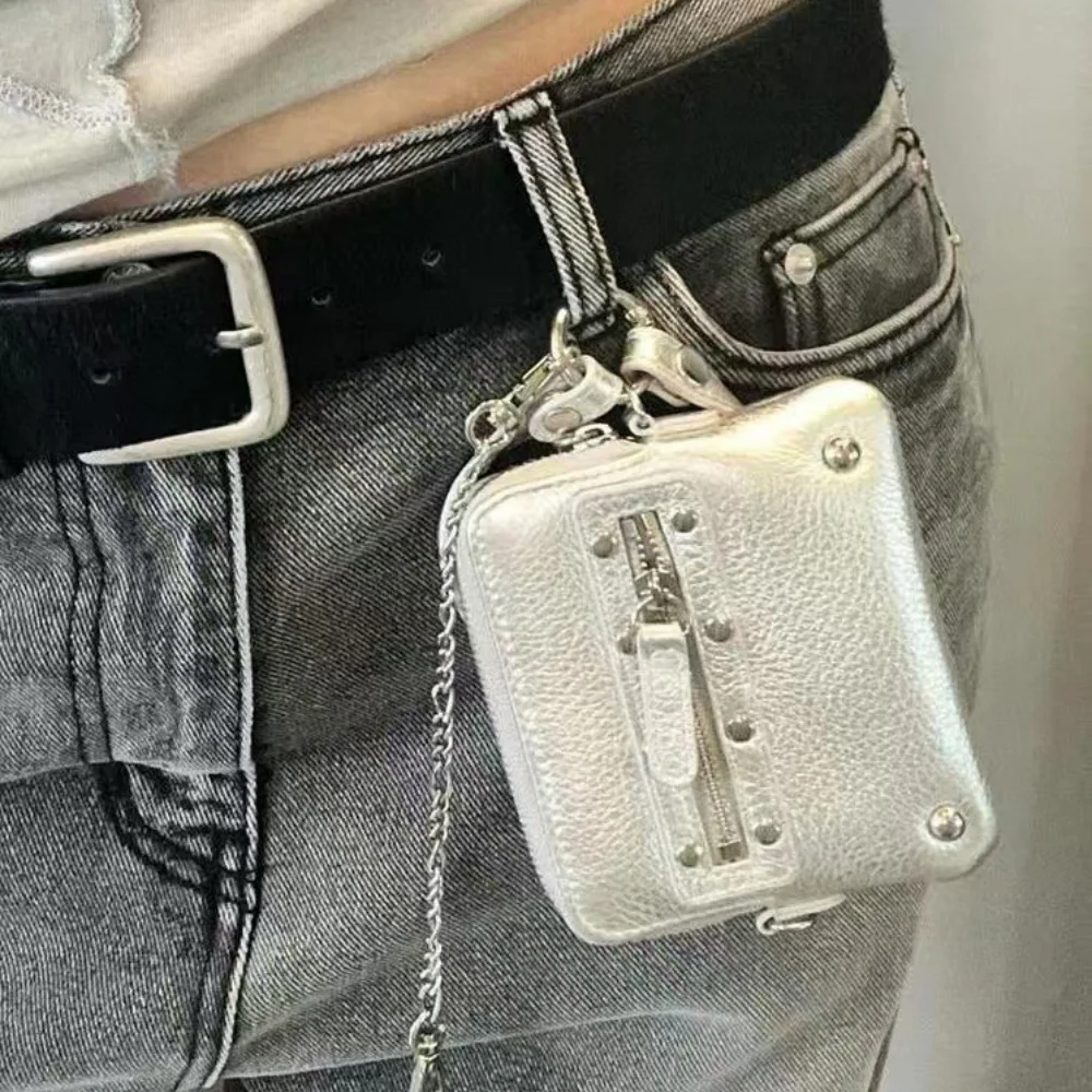 Fashionable Y2k Harajuku Style Riveted PU Leather Mini Card Album Storage Bag Coin Purse Waist Bag Handbag Coin Pouch Wallet