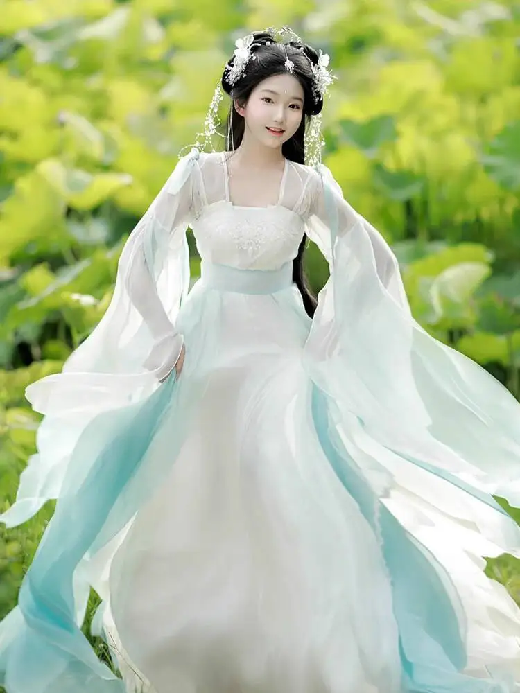 

White And Blue Wei Jin Style Hanfu For Women, Ancient Style, Fairy-like, Cool And Elegant, Flowing Sleeves, Immortal Dress,
