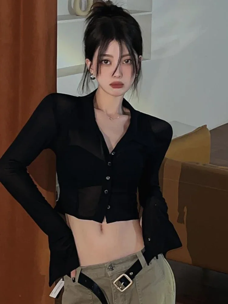 Sheer Shirts Women Sexy Slim Spring Korean Style Vintage Fashion Ulzzang Personality Ladies Simple All-match Classic Streetwear