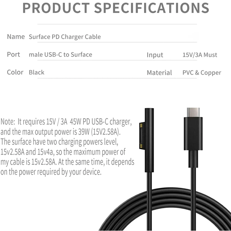 Câble de charge USB-C 15V/3A compatible avec Surface Pro 7/6/5/4/3 Go3/2/1 Laptop4/3/2/1 Power Charge rette Via 45W PD Charger