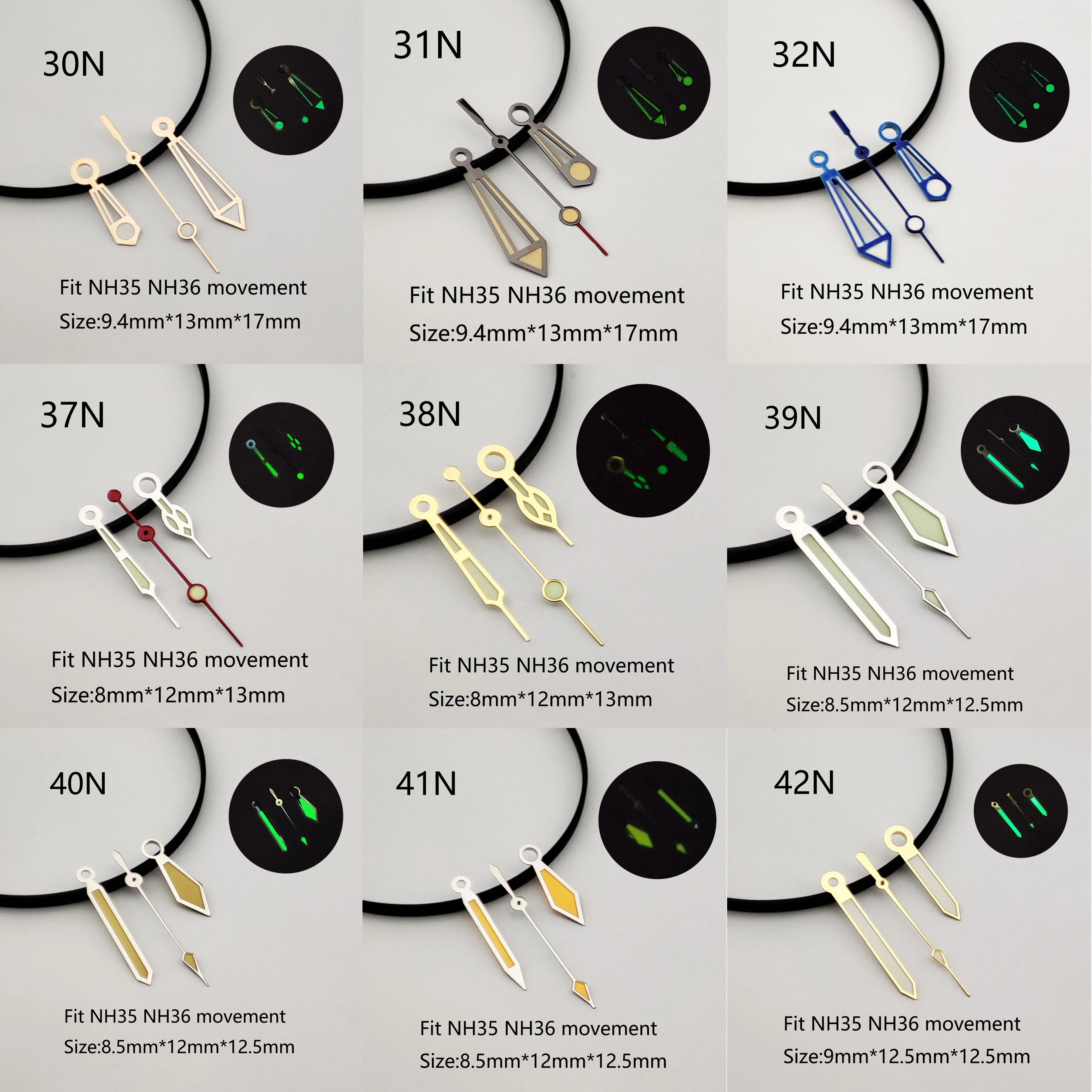 Aiguille lumineuse verte pour montre, aiguille argentée, accessoires de montre, aiguille de seconde, mouvement, NH35, NH36, All002