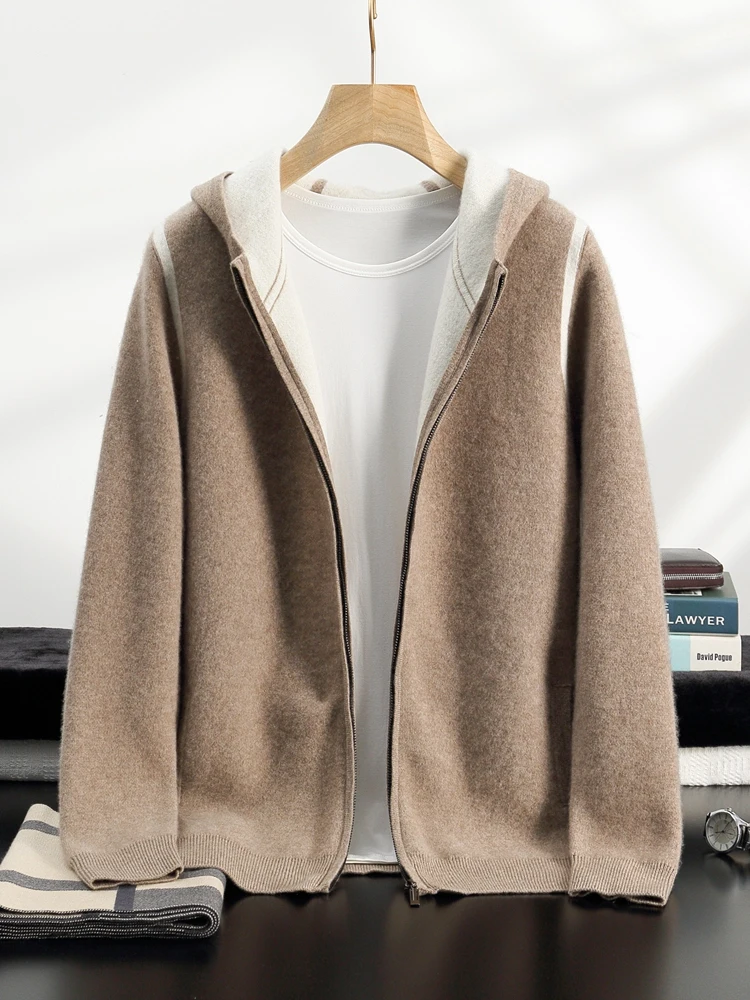 

MEETCC Luxury Men's Cashmere Hooded Cardigan Suit Autumn Winter Sport Casual Sweater 100% Cashmere Pencil Pants Thick Knitwear