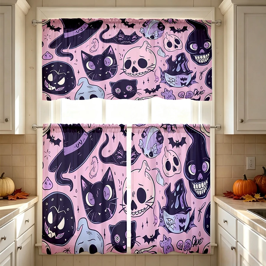 Halloween Fall Kitchen Curtains, Candy Pumpkin Cat, Digital Print, Kitchen Dining Room, Rod Pocket Polyester, Home Decor