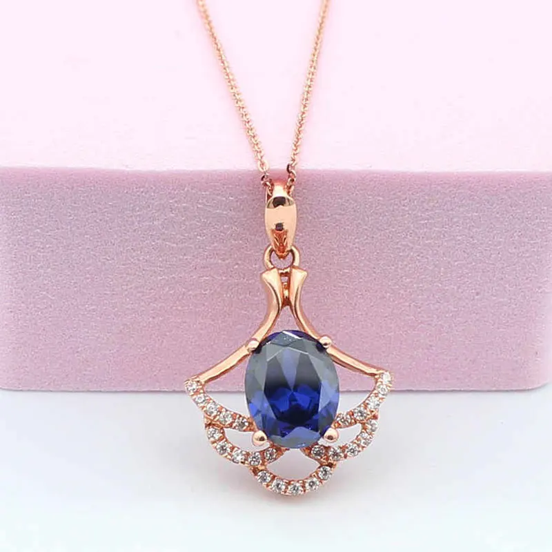 

585 Purple Gold Plated 14K Rose Gold Inlaid Sapphire Fan Pendant Necklace Fashion Light Luxury Charm Engagement Jewelry