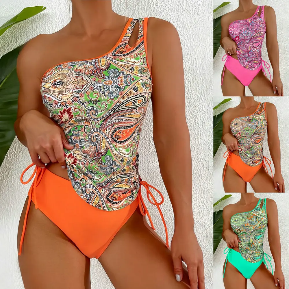2025 Print One-shoulder Tankini Set Women High Waist Swimwear Sexy Push Up Swimsuit Biquini Lace-up Bathing Suit Bikinis Set