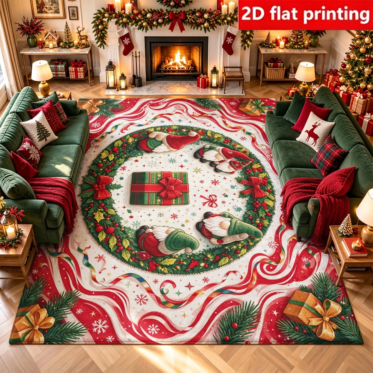 1pc 2D Flat Christmas Gnome Gift Wreath Candy Swirl Printed Floor Mat, Decorative Rug for Living Room, Bedroom, Home